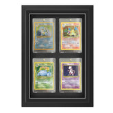 Pokemon trading card display frame suitable for four different cards. All base set and future pokemon cardboard cards. Charizard, Blastoise, Venasaur and MewTwo inside displayed in a rigid plastic case